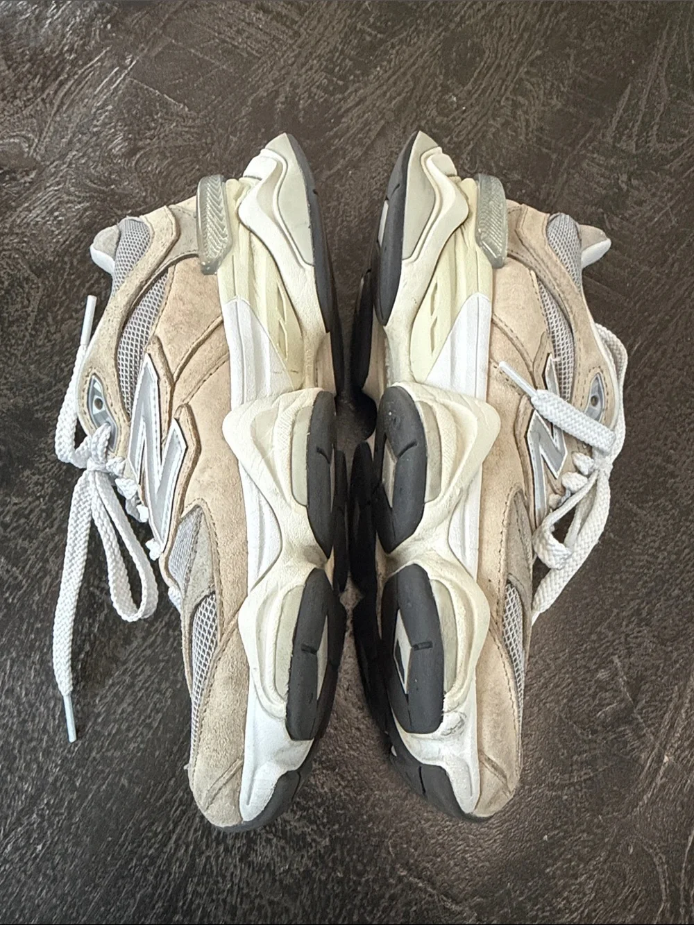 New Balance 9060 Beige and Light Gray Mesh Suede Sneakers